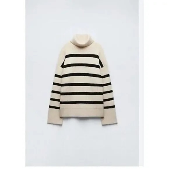 Zara Ribbed Cream & Black Striped Turtleneck Sweater - Size Small - Picture 2 of 8